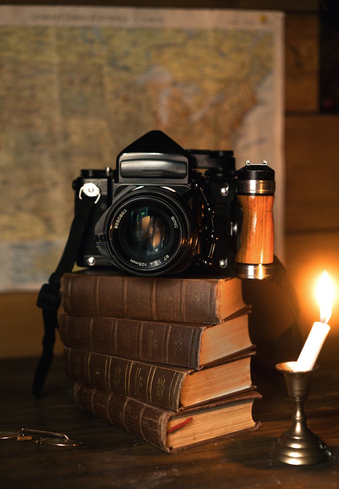 Vintage camera on old books near candle